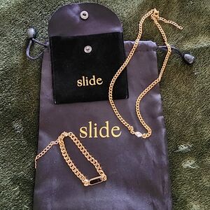 Slide Jewelry Stainless Steel Necklace Bracelet Set With Crystal. NIB